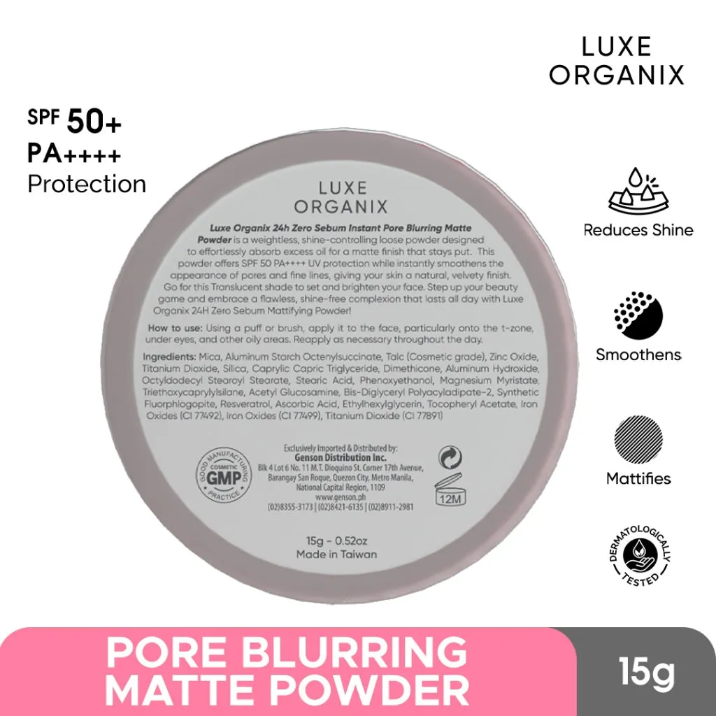 Luxe Organix 24H Zero Sebum Instant Pore Blurring Weightless Matte Powder SPF 50 PA     Natural | Translucent 15g
