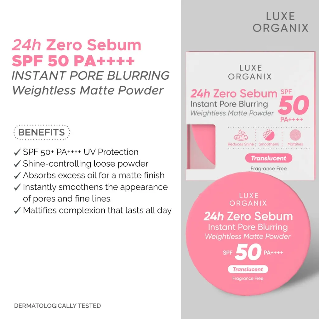 Luxe Organix 24H Zero Sebum Instant Pore Blurring Weightless Matte Powder SPF 50 PA     Natural | Translucent 15g