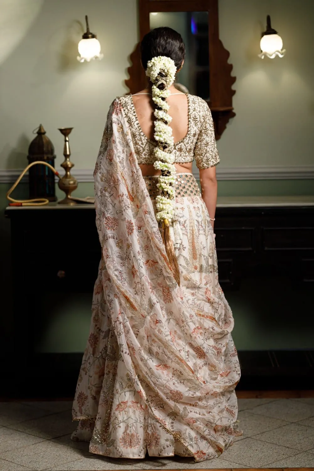 Sultana Cream Embroidered Choli With Cream Printed Lehenga And  Embroidered Dupatta