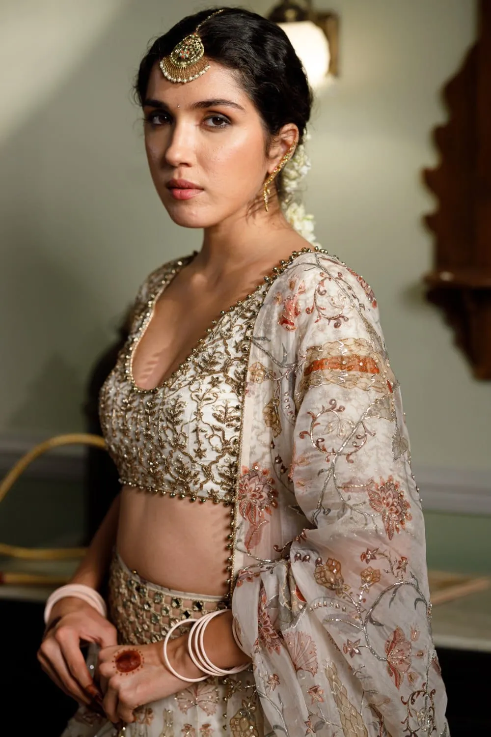 Sultana Cream Embroidered Choli With Cream Printed Lehenga And  Embroidered Dupatta